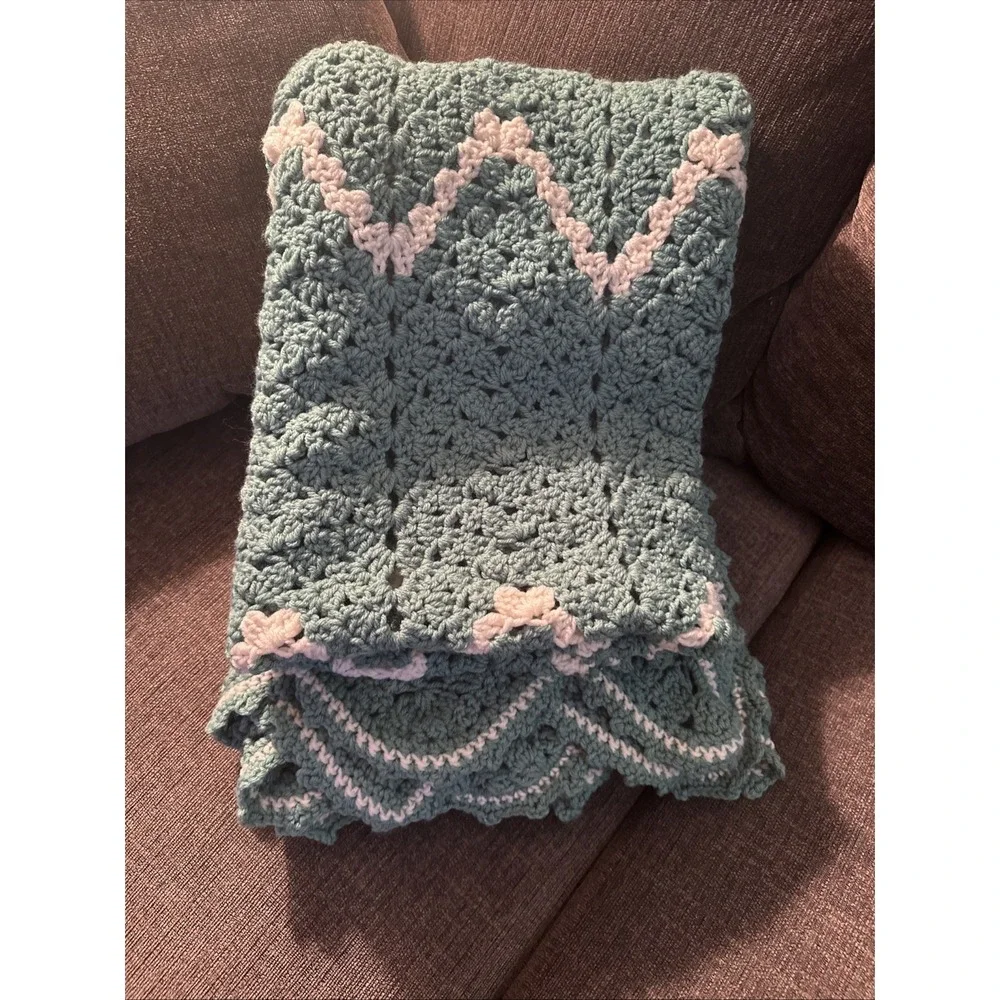 Hand Crocheted seafoam Green Afghan Ruffle 50